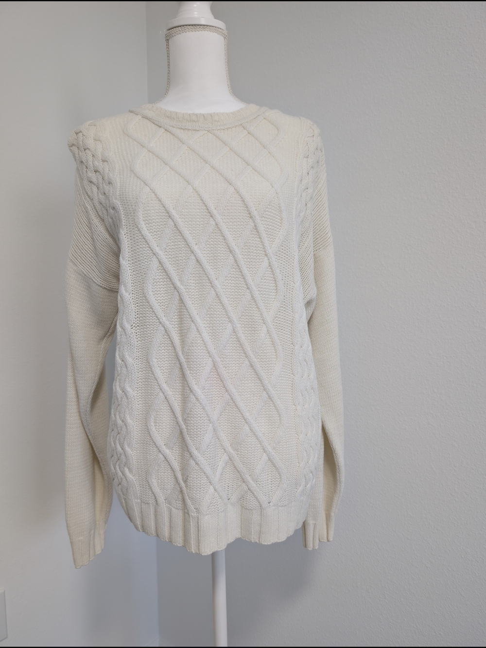 Vintage Mademoiselle Cable Knit Sweater White Cream Pullover Made in USA M-L